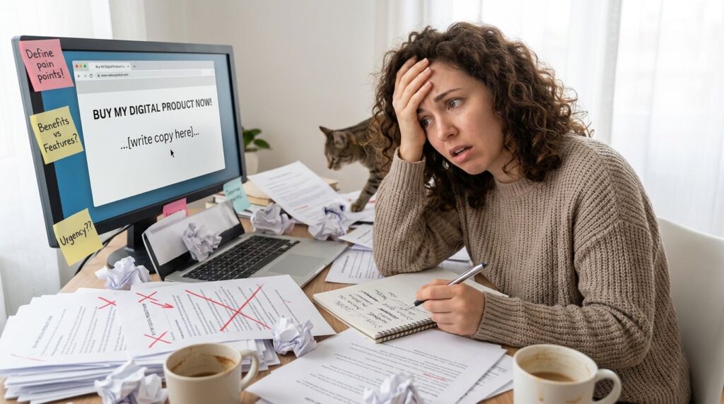 woman sitting at desk looking frustrated writing on paper