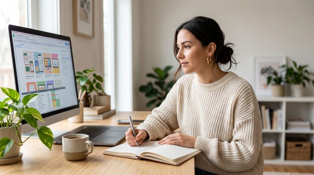 woman writing at desk in front of computer screen